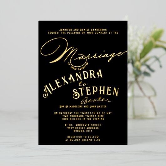 Church Ceremony Celebration, Rustic Script Wedding Folie Uitnodiging (Staand Voorkant)