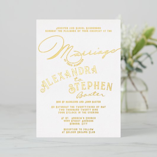 Church Ceremony Celebration, Rustic Script Wedding Folie Uitnodiging (Staand Voorkant)