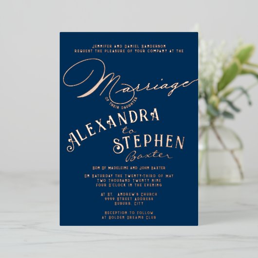 Church Ceremony Celebration, Rustic Script Wedding Folie Uitnodiging (Staand Voorkant)