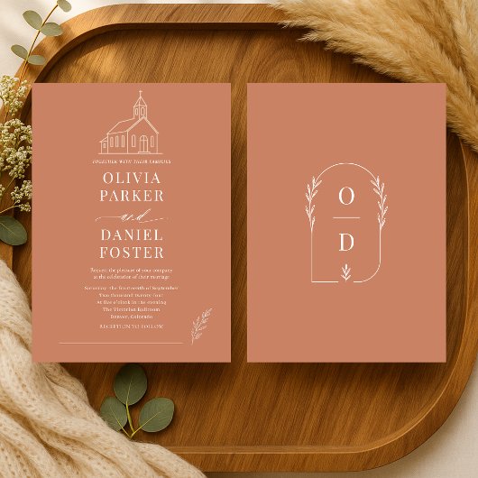 Church Chapel Terracotta Line Art Wedding Kaart