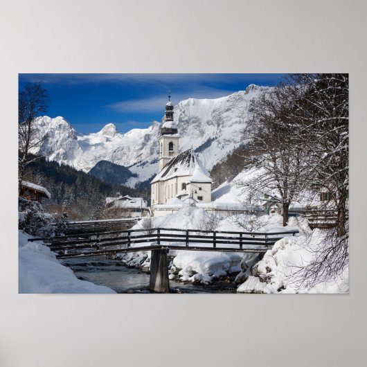 Church in the snow with Alps mountains Poster (Voorkant)