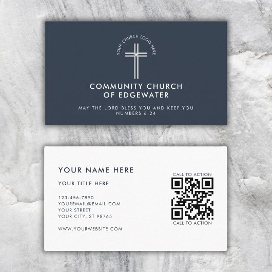 Church Pastor Modern QR-code Aangepaste Logo Navy Visitekaartje