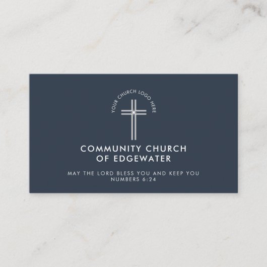 Church Pastor Modern QR-code Aangepaste Logo Navy Visitekaartje (Voorkant)