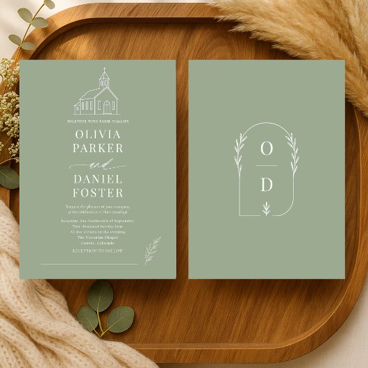 Church Religious Sage Green Line Art Wedding Kaart