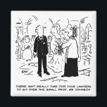 Church Service Wedding Vicar zegt nee tegen advoca Magneet<br><div class="desc">Op een bruiloft vertelt de Vicar de bruidegom dat er geen tijd is voor zijn advocaten om over de kleine lettertjes te kijken. Cartoon van de Britse cartoonist Nigel Sutherland.</div>