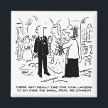 Church Service Wedding Vicar zegt nee tegen advoca Magneet<br><div class="desc">Op een bruiloft vertelt de Vicar de bruidegom dat er geen tijd is voor zijn advocaten om over de kleine lettertjes te kijken. Cartoon van de Britse cartoonist Nigel Sutherland.</div>
