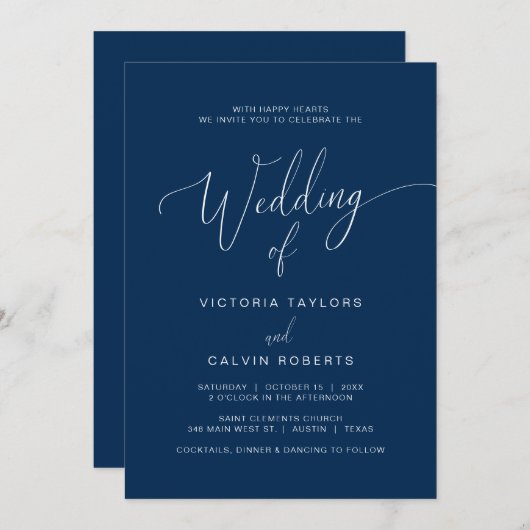 Church Wedding Ceremony Celebration, Navy Blue Kaart (Voorkant / Achterkant)