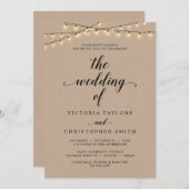 Church Wedding Ceremony, String Lights, Kraft Invi Kaart (Voorkant / Achterkant)