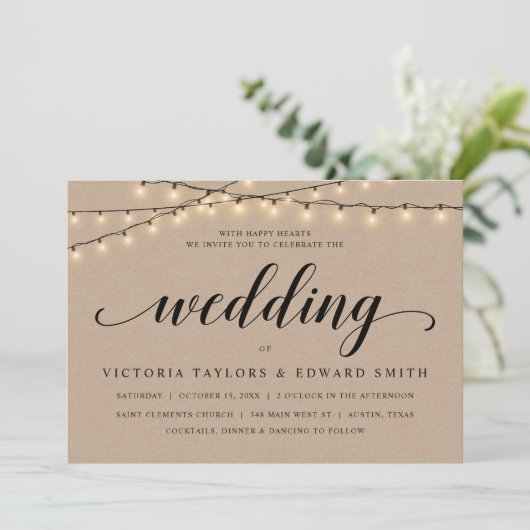 Church Wedding Ceremony, String Lights, Kraft Kaart (Staand voorkant)