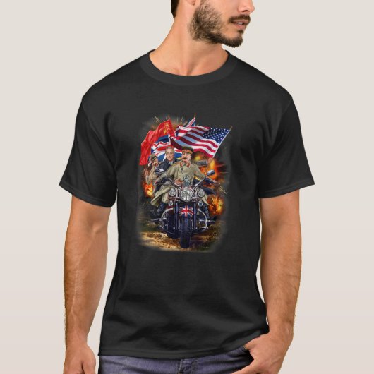 Churchill, Roosevelt en Stalin Riding Motorcycle T-shirt (Voorkant)