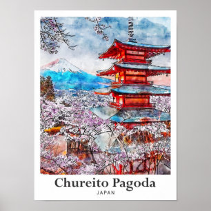 Chureito Pagoda Japan Travel Waterverf Hand geteke Poster