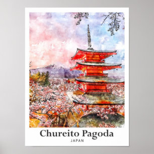 Chureito Pagoda Japan Travel Waterverf Hand geteke Poster