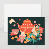Chuseok Mid-Autumn Festival Teapot en Bunnies Briefkaart (Voorkant / Achterkant)