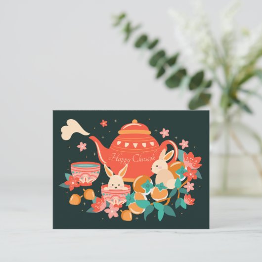 Chuseok Mid-Autumn Festival Teapot en Bunnies Briefkaart (Staand voorkant)