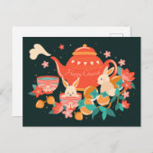 Chuseok Mid-Autumn Festival Teapot en Bunnies Briefkaart (Voorkant / Achterkant)