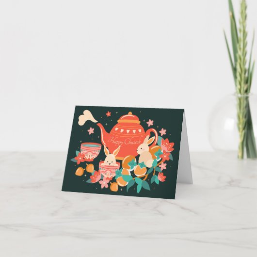 Chuseok Mid-Autumn Festival Teapot en Bunnies Feestdagen Kaart (Voorkant)