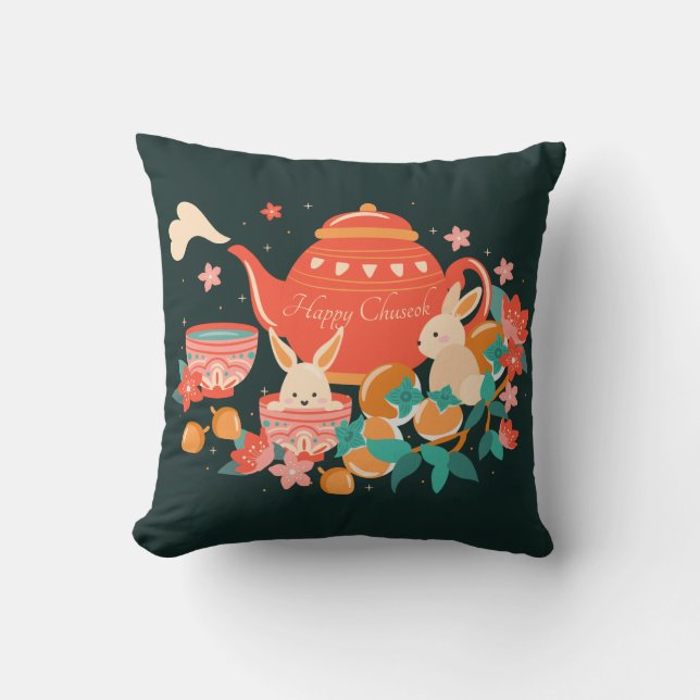 Chuseok Mid-Autumn Festival Teapot en Bunnies Kussen (Voorkant)