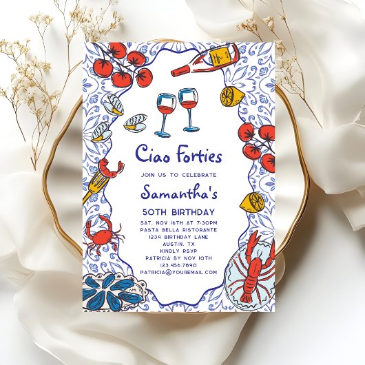 Ciao 40s Italian Seafood Wine Dinner 50th Birthday Kaart