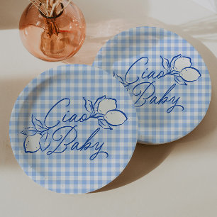 Ciao Baby Amalfi Citroen Blauwe Gingham Baby Showe Papieren Bordje
