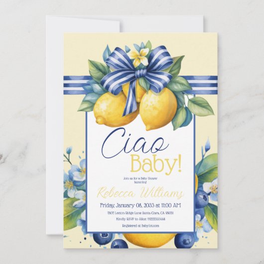 Ciao Baby Blue Bow Tegel Lemon Baby shower Kaart (Voorkant)