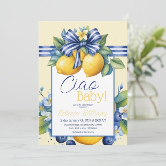 Ciao Baby Blue Bow Tegel Lemon Baby shower Kaart (Staand voorkant)