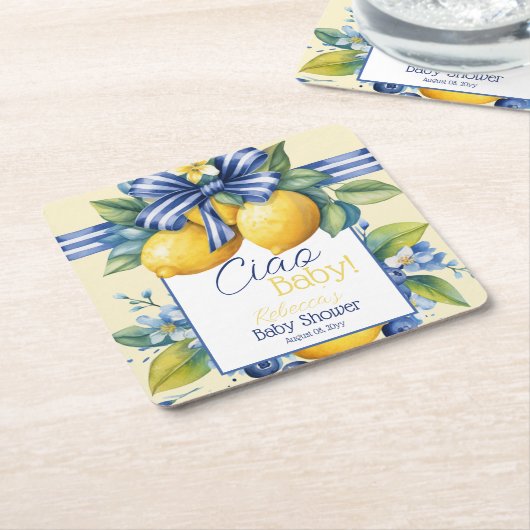 Ciao Baby Blue Bow Tegel Lemon Baby shower Kartonnen Onderzetters (Schuin)
