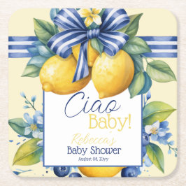 Ciao Baby Blue Bow Tegel Lemon Baby shower Kartonnen Onderzetters