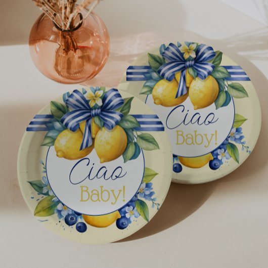 Ciao Baby Blue Bow Tegel Lemon Baby shower Papieren Bordje