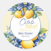 Ciao Baby Blue Bow Tegel Lemon Baby shower Ronde Sticker (Voorkant)