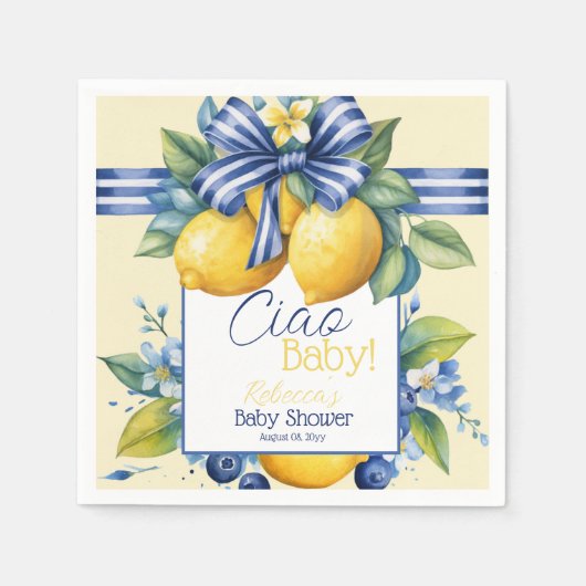 Ciao Baby Blue Bow Tegel Lemon Baby shower Servet (Voorkant)