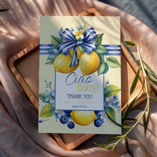 Ciao Baby Blue Bow Tile Lemon Baby Shower Bedankkaart