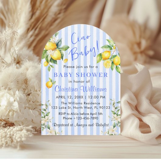Ciao Baby Blue Citrus Lemon Baby Shower Invitation Kaart