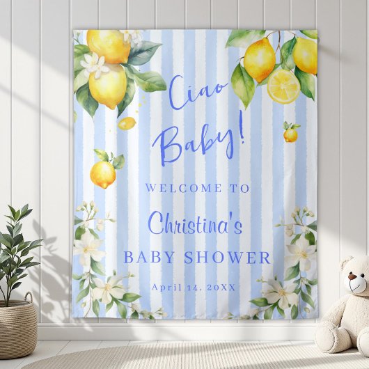 Ciao Baby Blue Citrus Lemons Baby Shower Backdrop Wandkleed