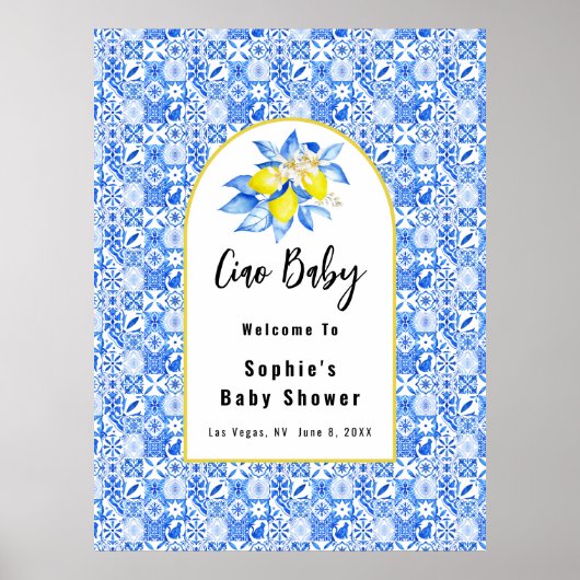 Ciao Baby, Blue Tiles And Lemons Baby Welcome Sign Poster (Voorkant)