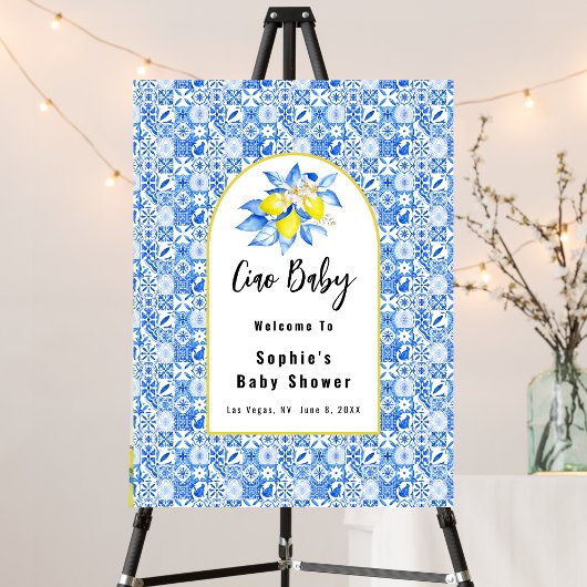 Ciao Baby, Blue Tiles And Lemons Baby Welcome Sign Poster