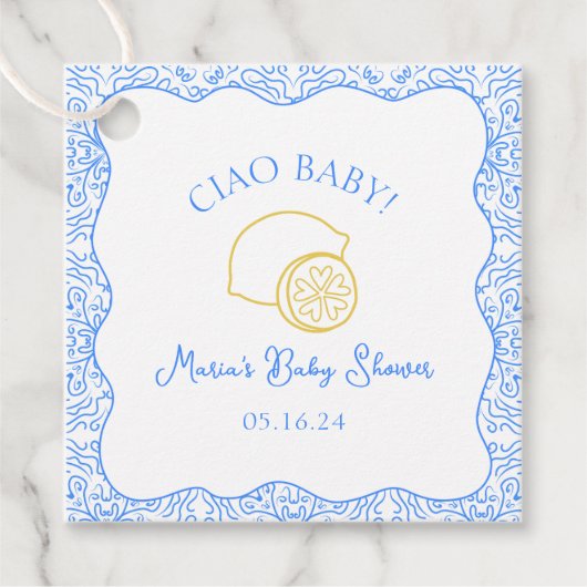 Ciao Baby! Citroenblauw Italiaans Baby shower Bedankjes Labels (Voorkant)
