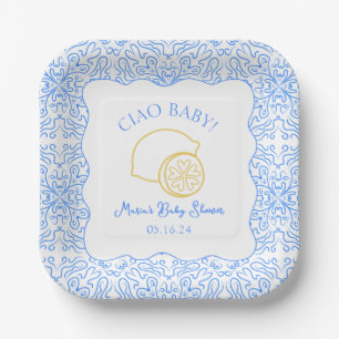Ciao Baby! Citroenblauw Italiaans Baby shower Papieren Bordje