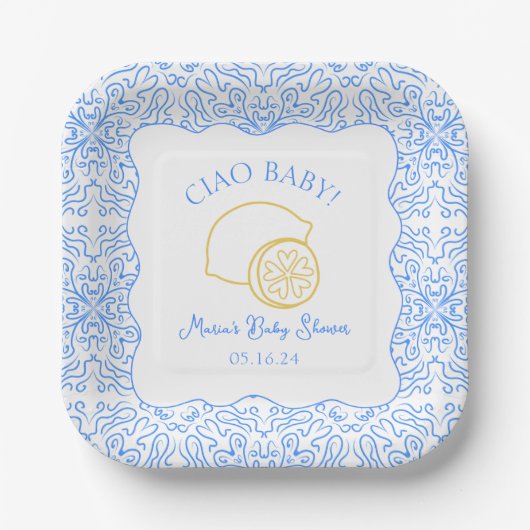 Ciao Baby! Citroenblauw Italiaans Baby shower Papieren Bordje (Voorkant)