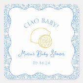 Ciao Baby! Citroenblauw Italiaans Baby shower Vierkante Sticker (Voorkant)