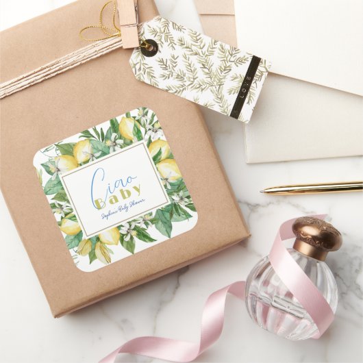 Ciao Baby Citrus Lemon Baby shower Vierkante Sticker (Geschenken)