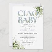 Ciao Baby Dusty Blue Greenery Letter Baby shower Kaart (Voorkant)