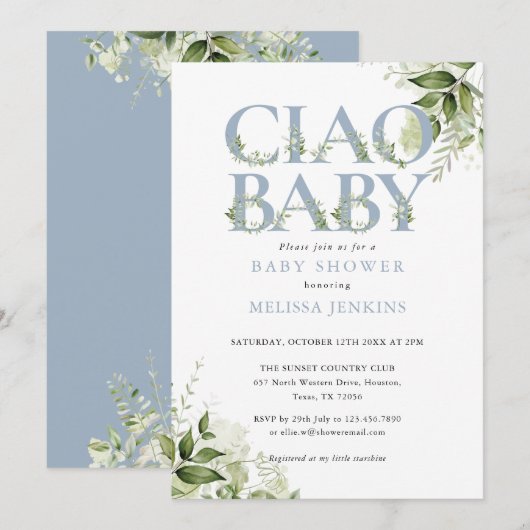 Ciao Baby Dusty Blue Greenery Letter Baby shower Kaart (Voorkant / Achterkant)