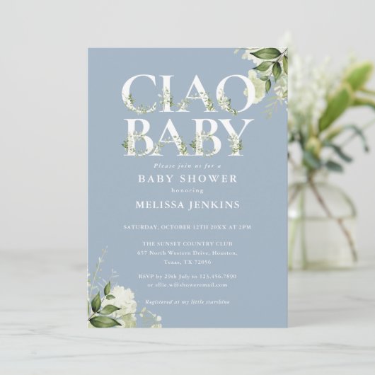 Ciao Baby Greenery Foto Dusty Blue Baby shower Kaart (Staand voorkant)
