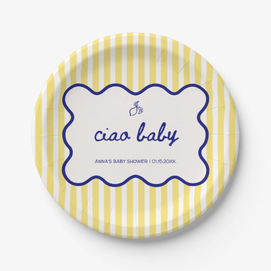 Ciao Baby Hand getekend Blauw & Geel Baby shower Papieren Bordje (Voorkant)