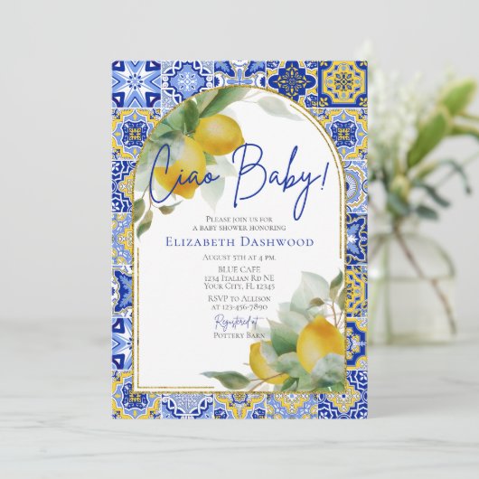 Ciao Baby Italiaans Blauw Tegel Citroenen Baby sho Kaart (Staand voorkant)