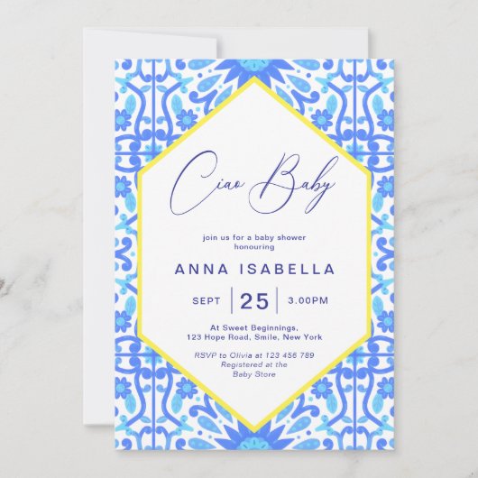 Ciao Baby Italiaans Blauw Tegel Geel Baby shower Kaart (Voorkant)