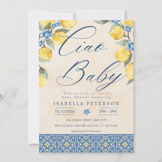 Ciao Baby Italiaans Blauwe Tegels Baby shower Kaart (Voorkant)