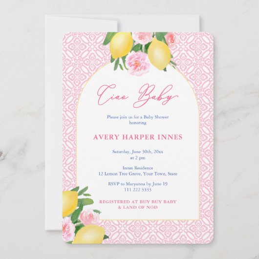Ciao Baby Italiaans geïnspireerd citroenen roze Ba Kaart (Voorkant)