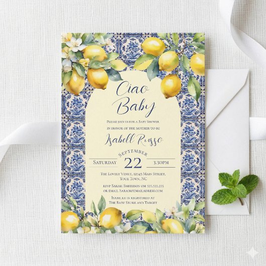  Ciao Baby Italian Blue Tiles & Lemon Baby Shower Kaart