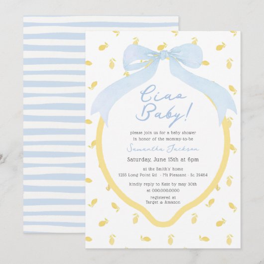 Ciao Baby Lemon & Blue Bow Boy Baby shower Kaart (Voorkant / Achterkant)